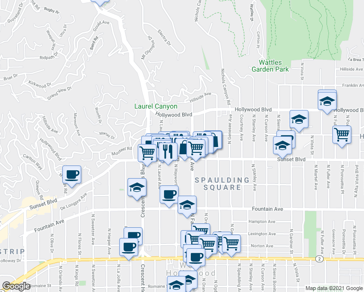 map of restaurants, bars, coffee shops, grocery stores, and more near 1547 North Fairfax Avenue in Los Angeles