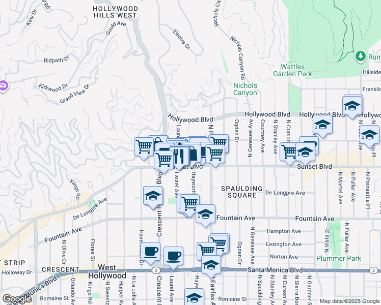 map of restaurants, bars, coffee shops, grocery stores, and more near 1547 North Hayworth Avenue in Los Angeles