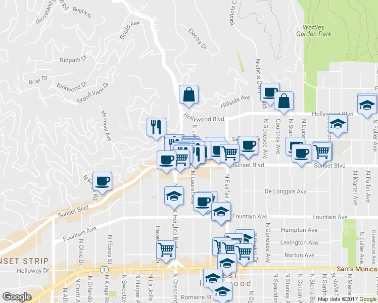 map of restaurants, bars, coffee shops, grocery stores, and more near in Los Angeles