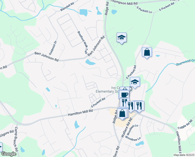 map of restaurants, bars, coffee shops, grocery stores, and more near 3285 Pebble Ridge Lane in Buford