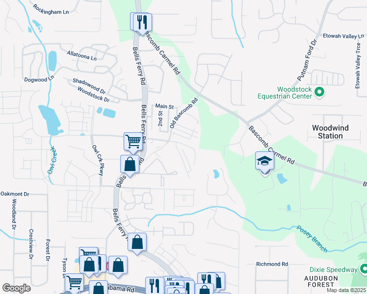 map of restaurants, bars, coffee shops, grocery stores, and more near 134 Linton Drive in Acworth