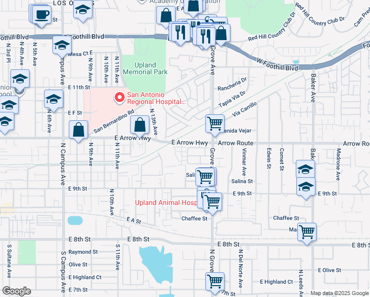 map of restaurants, bars, coffee shops, grocery stores, and more near 1432 Prairie Rose Lane in Upland