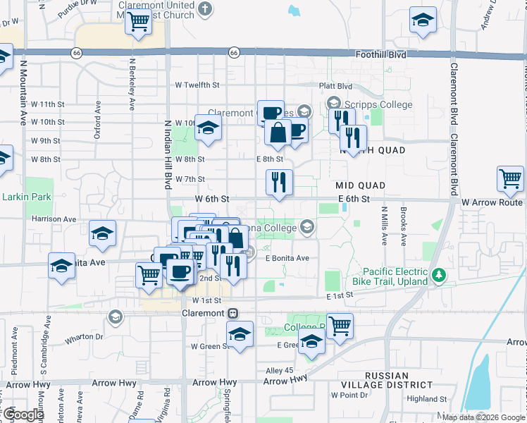 map of restaurants, bars, coffee shops, grocery stores, and more near 550 North College Way in Claremont