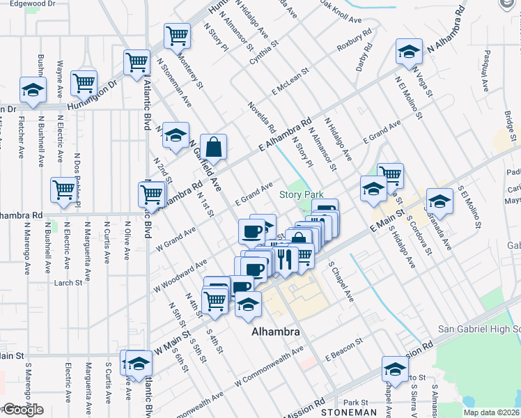 map of restaurants, bars, coffee shops, grocery stores, and more near 338 North Stoneman Avenue in Alhambra