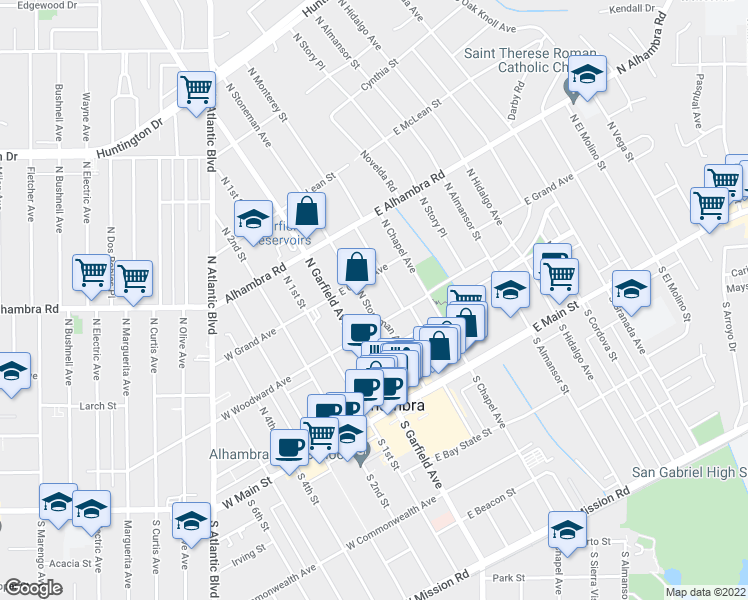map of restaurants, bars, coffee shops, grocery stores, and more near 320 North Stoneman Avenue in Alhambra