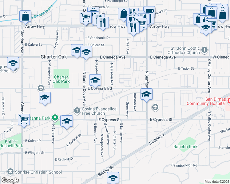 map of restaurants, bars, coffee shops, grocery stores, and more near 1100 North Charter Drive in Covina
