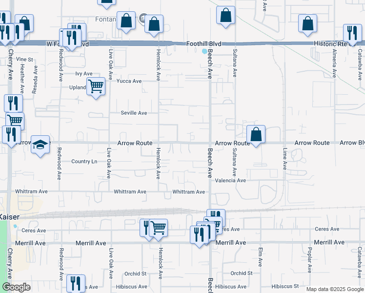 map of restaurants, bars, coffee shops, grocery stores, and more near 15171 Arrow Route in Fontana