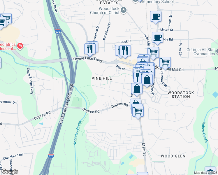 map of restaurants, bars, coffee shops, grocery stores, and more near 129 Noonday Creek Trail in Woodstock