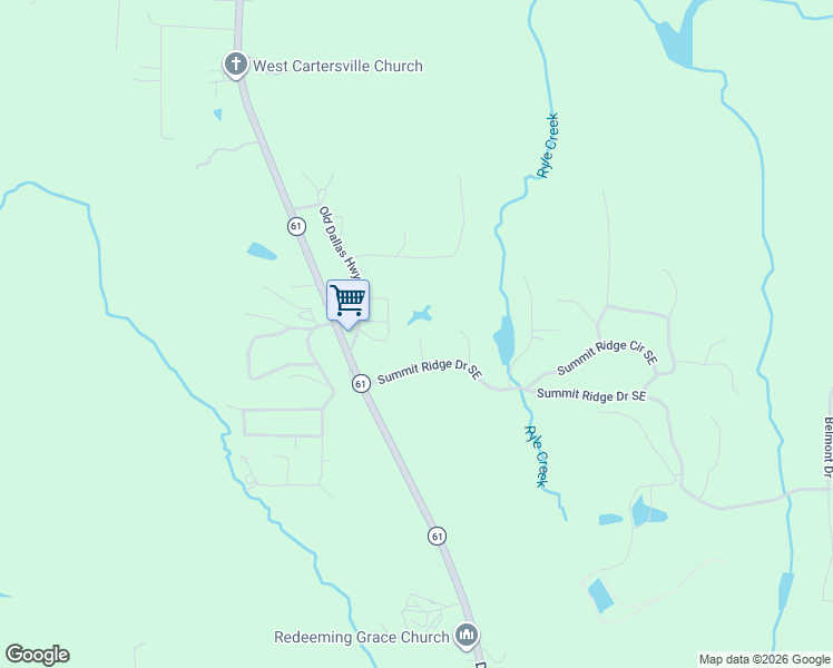 map of restaurants, bars, coffee shops, grocery stores, and more near 41 Summit Ridge Drive Southeast in Cartersville