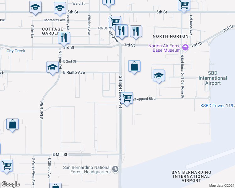 map of restaurants, bars, coffee shops, grocery stores, and more near 255 South Golden Avenue in San Bernardino
