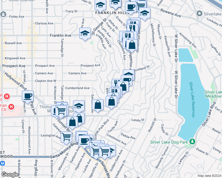 map of restaurants, bars, coffee shops, grocery stores, and more near 2020 Mayview Drive in Los Angeles