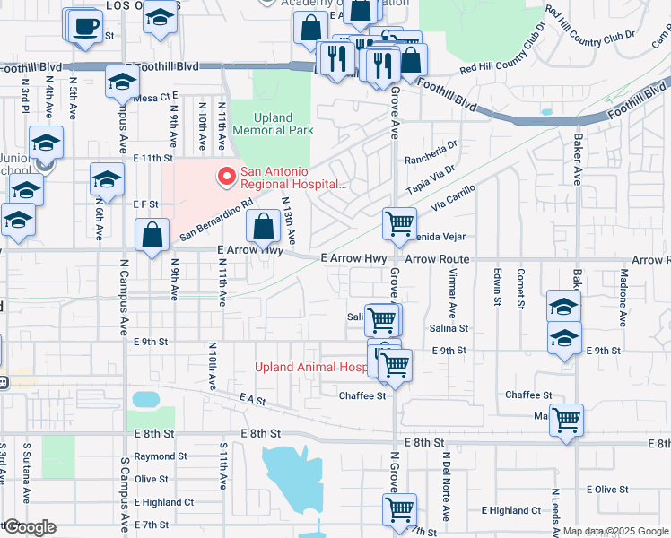 map of restaurants, bars, coffee shops, grocery stores, and more near 1426 Prairie Rose Lane in Upland