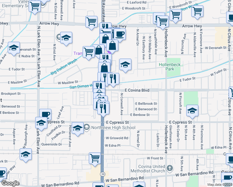 map of restaurants, bars, coffee shops, grocery stores, and more near 1072 North La Breda in Covina