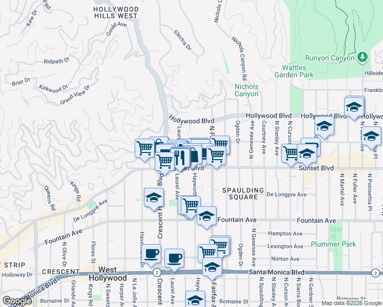 map of restaurants, bars, coffee shops, grocery stores, and more near 1547 North Hayworth Avenue in Los Angeles