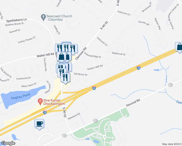 map of restaurants, bars, coffee shops, grocery stores, and more near 613 Old Brass Drive in Columbia