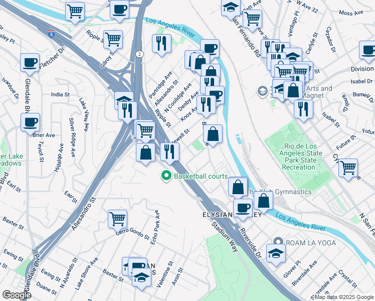 map of restaurants, bars, coffee shops, grocery stores, and more near 1818 Ripple Street in Los Angeles