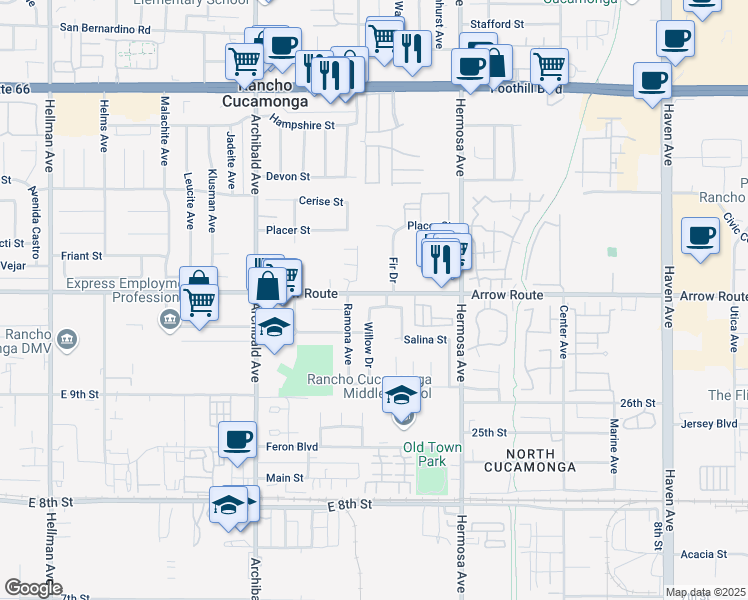 map of restaurants, bars, coffee shops, grocery stores, and more near 8478 Fir Drive in Rancho Cucamonga