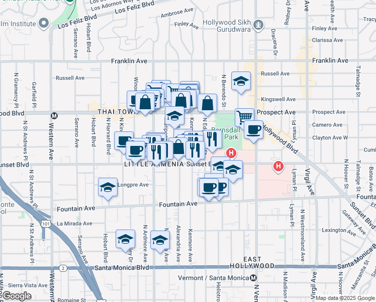 map of restaurants, bars, coffee shops, grocery stores, and more near 1543 North Kenmore Avenue in Los Angeles