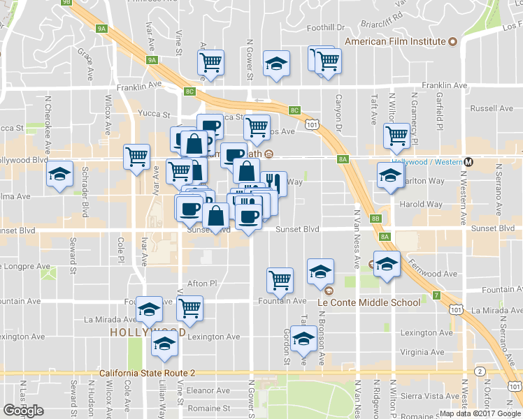 map of restaurants, bars, coffee shops, grocery stores, and more near 6083 Harold Way in Los Angeles