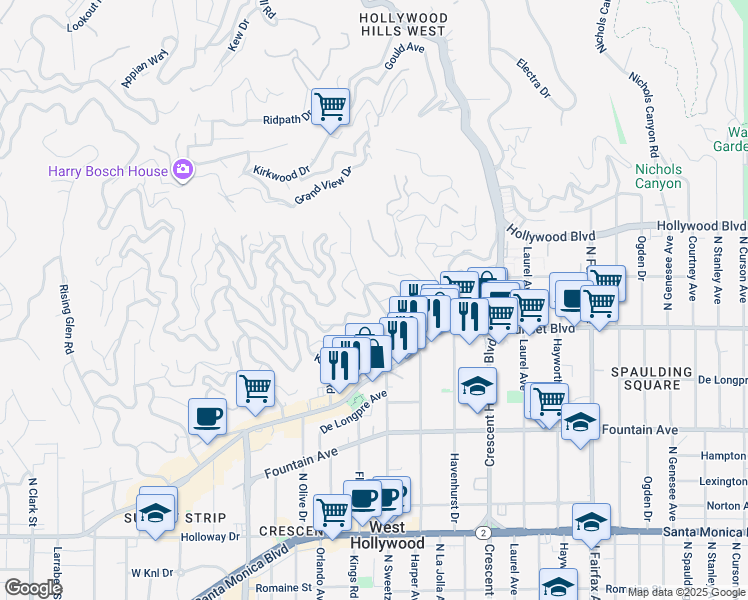 map of restaurants, bars, coffee shops, grocery stores, and more near 1539 Marmont Avenue in Los Angeles