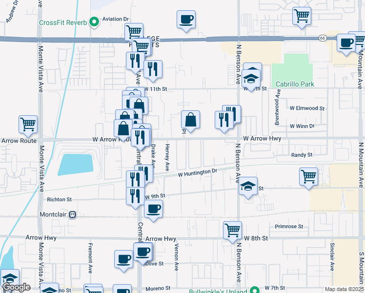 map of restaurants, bars, coffee shops, grocery stores, and more near 1826 West Arrow Route in Upland
