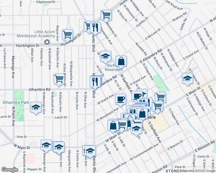 map of restaurants, bars, coffee shops, grocery stores, and more near 508 North 2nd Street in Alhambra