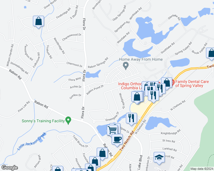 map of restaurants, bars, coffee shops, grocery stores, and more near 1504 Rabon Farms Lane in Columbia