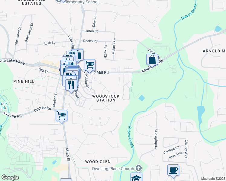 map of restaurants, bars, coffee shops, grocery stores, and more near 133 Bentley Parkway in Woodstock