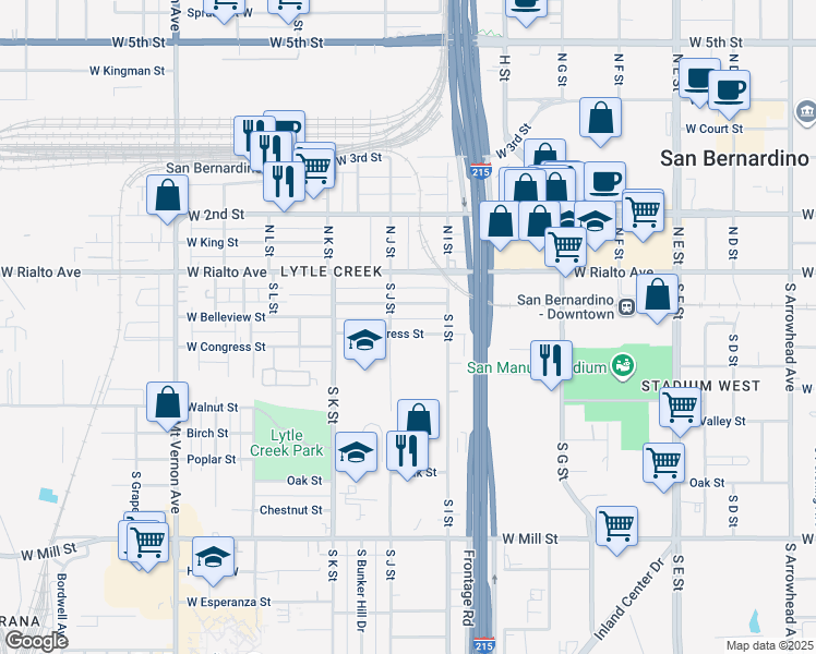 map of restaurants, bars, coffee shops, grocery stores, and more near 972 West Congress Street in San Bernardino