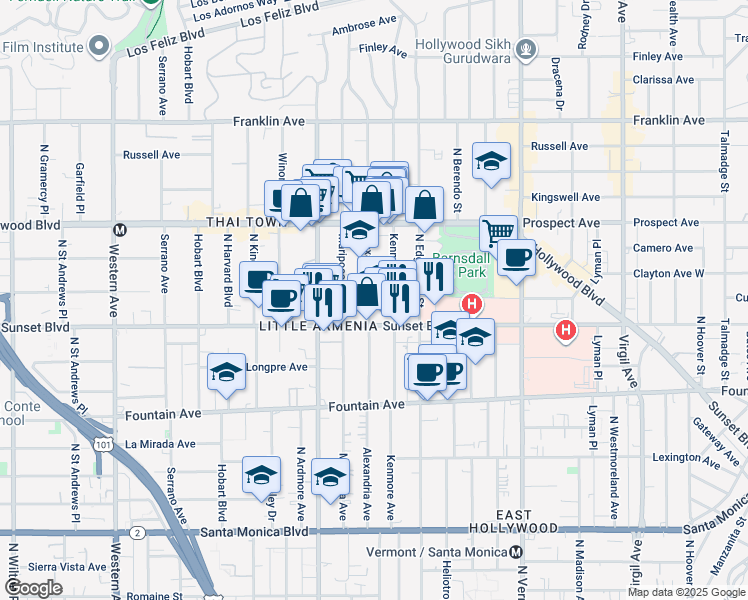 map of restaurants, bars, coffee shops, grocery stores, and more near 1528 Alexandria Avenue in Los Angeles