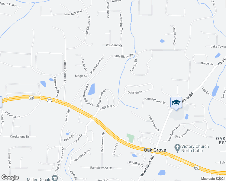 map of restaurants, bars, coffee shops, grocery stores, and more near 565 Rendezvous Road in Acworth