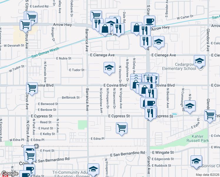 map of restaurants, bars, coffee shops, grocery stores, and more near 1070 North Prospero Drive in Covina