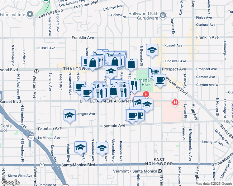 map of restaurants, bars, coffee shops, grocery stores, and more near 1528 Alexandria Avenue in Los Angeles