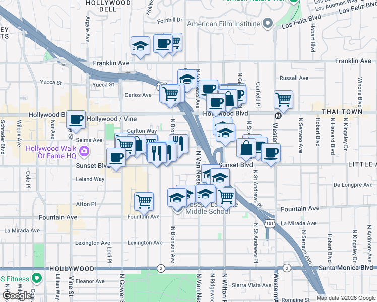 map of restaurants, bars, coffee shops, grocery stores, and more near 5822 Harold Way in Los Angeles