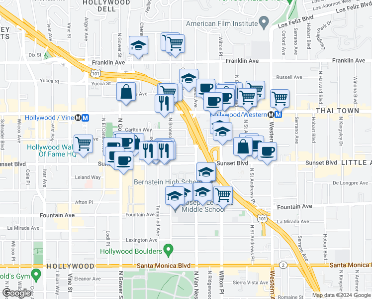 map of restaurants, bars, coffee shops, grocery stores, and more near 5822 Harold Way in Los Angeles