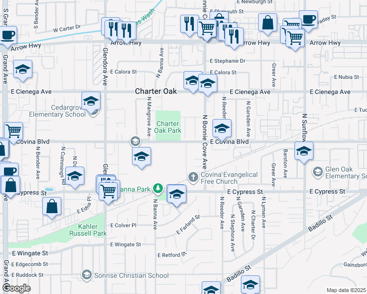 map of restaurants, bars, coffee shops, grocery stores, and more near 1069 North Darfield Avenue in Covina