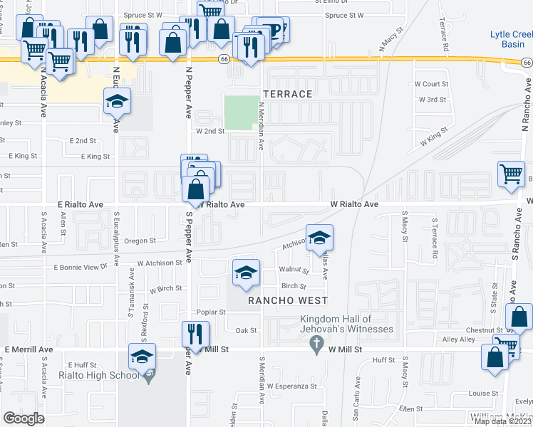 map of restaurants, bars, coffee shops, grocery stores, and more near 126 Via San Luis in San Bernardino