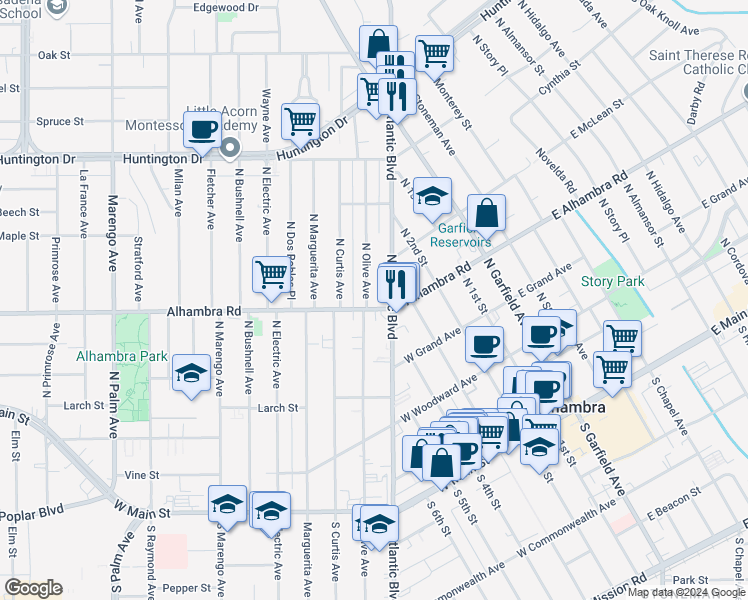 map of restaurants, bars, coffee shops, grocery stores, and more near 606 North Olive Avenue in Alhambra