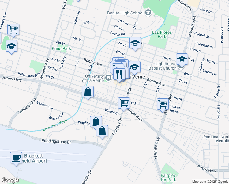 map of restaurants, bars, coffee shops, grocery stores, and more near 2165 D Street in La Verne