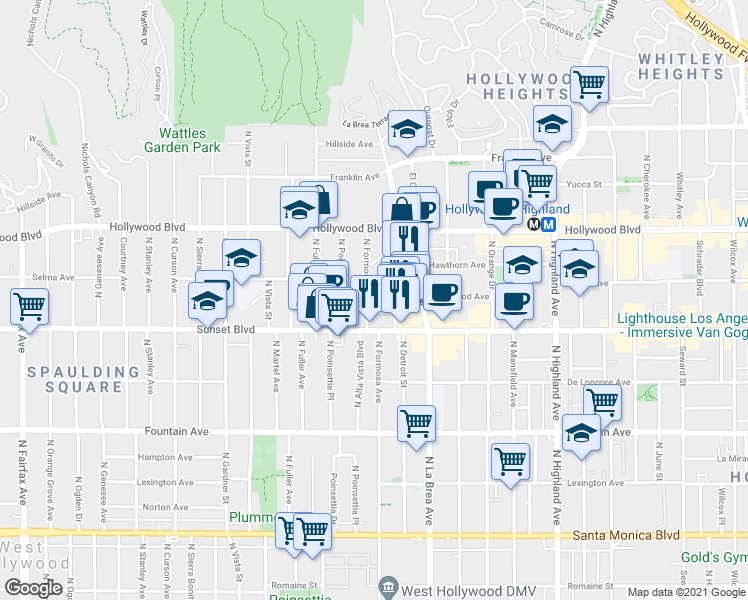 map of restaurants, bars, coffee shops, grocery stores, and more near 7202 Hawthorn Avenue in Los Angeles