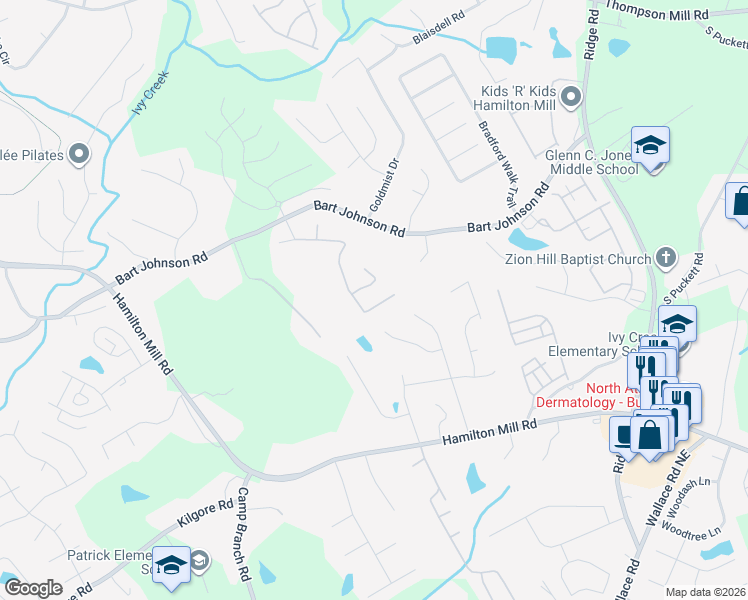 map of restaurants, bars, coffee shops, grocery stores, and more near 3511 Bogan Mill Road Northeast in Buford
