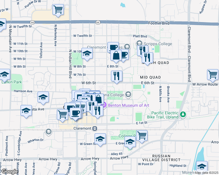 map of restaurants, bars, coffee shops, grocery stores, and more near 550 North College Avenue in Claremont