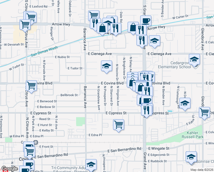 map of restaurants, bars, coffee shops, grocery stores, and more near 1070 North Prospero Drive in Covina