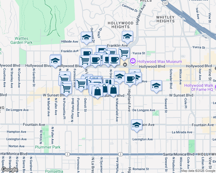 map of restaurants, bars, coffee shops, grocery stores, and more near 7027 Lanewood Avenue in Los Angeles