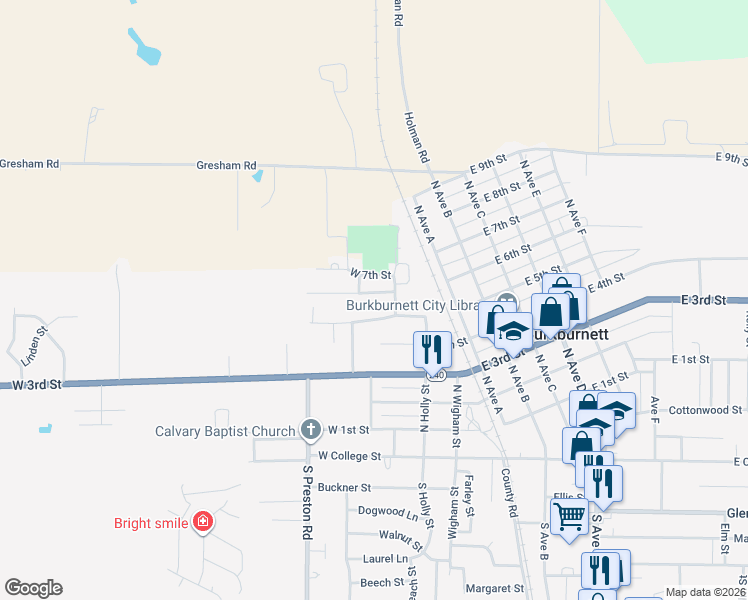map of restaurants, bars, coffee shops, grocery stores, and more near 309 West 6th Street in Burkburnett