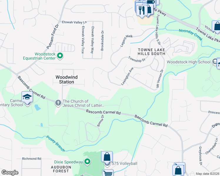 map of restaurants, bars, coffee shops, grocery stores, and more near 2113 Township Drive in Woodstock