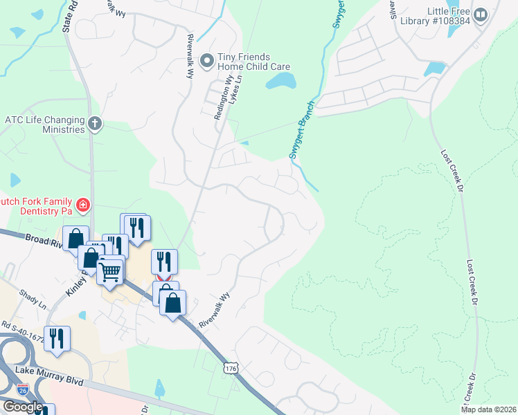 map of restaurants, bars, coffee shops, grocery stores, and more near 417 Riverwalk Way in Irmo