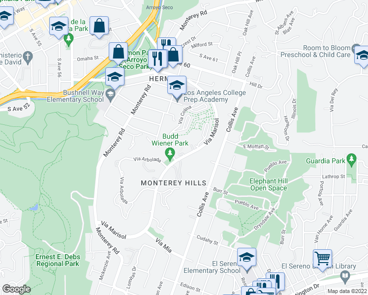 map of restaurants, bars, coffee shops, grocery stores, and more near 4589 Via Marisol in Los Angeles