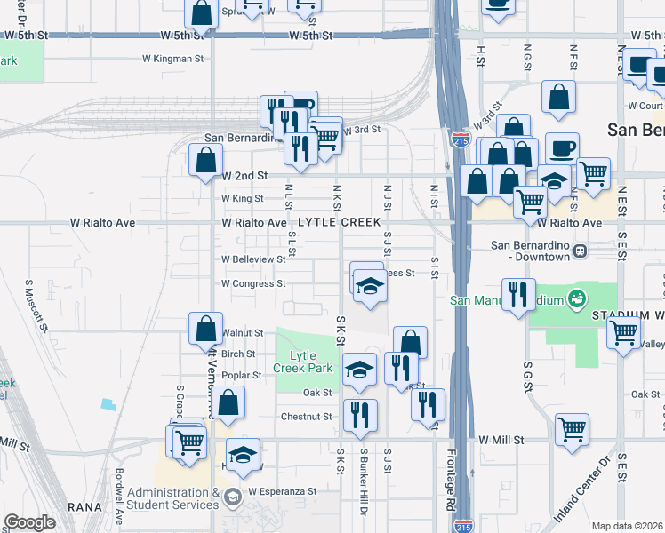 map of restaurants, bars, coffee shops, grocery stores, and more near 170 South K Street in San Bernardino