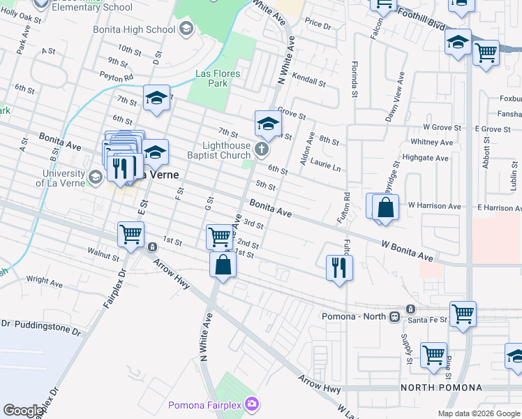 map of restaurants, bars, coffee shops, grocery stores, and more near 2558 Bonita Avenue in La Verne